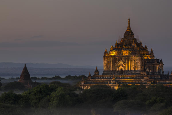 An illuminated Htilominlo Temple, Bagan, Myanmar, Southeast Asia