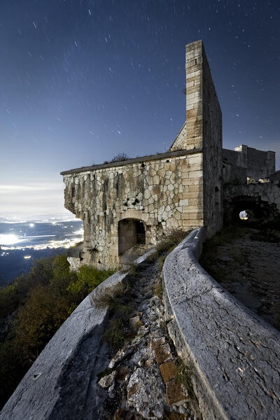 Casemates and walls of Fort Mollinary at night. Sant'Ambrogio di Valpolicella, Veneto, Italy.