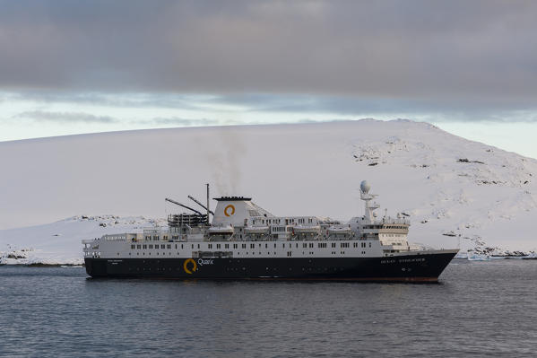 Ocean Endeavour cruise ship in the Lemaire channel, Antarctica.