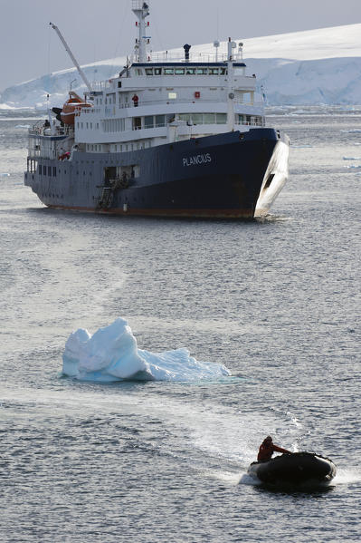 Plancius cruise ship in Paradise Bay, Antarctica.