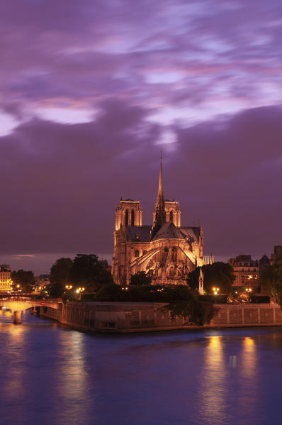 Notre Dame Cathedral at dusk, Paris, France.