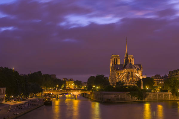 Notre Dame Cathedral at dusk, Paris, France.