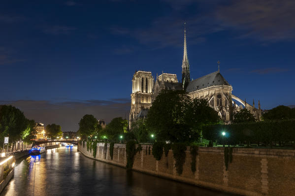 Notre Dame Cathedral at dusk, Paris, France.