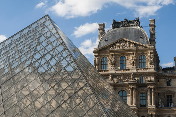 Musee du Louvre and Pei Pyramid, Paris, France.
