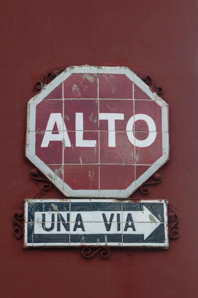 Stop and one way sign, Antigua, Guatemala.