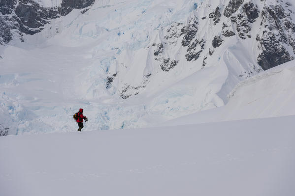 A tourist walking on the snow in Paradise Bay, Antarctica.