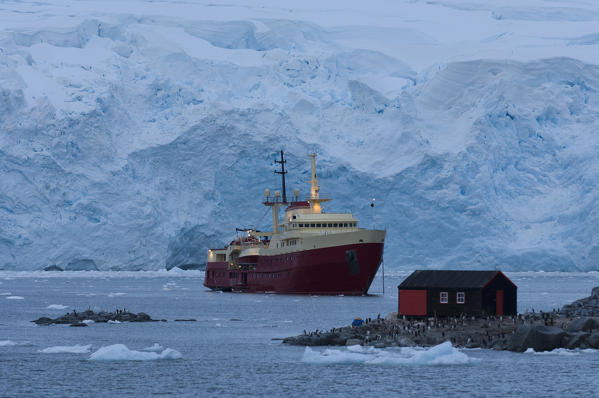 Antarctica, Antarctic Peninsula, cruise ship at Port Lockroy.