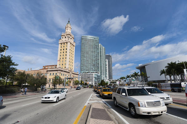 Freedom Tower and modern buildings along Biscayne road, Downtown, Miami, Florida, USA.