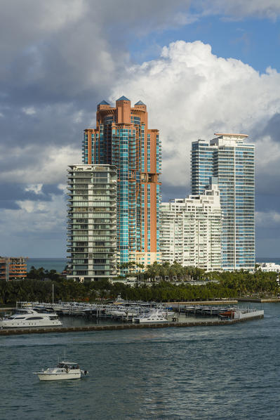 Skyscrapers and marina, South Beach, Miami Beach, Florida, USA.