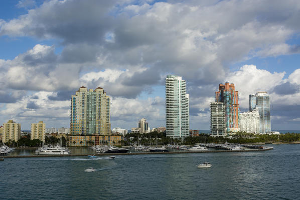 Skyscrapers and marina, South Beach, Miami Beach, Florida, USA.