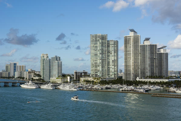 Skyscrapers and marina, South Beach, Miami Beach, Florida, USA.