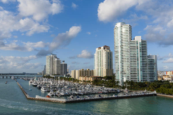 Skyscrapers and marina, South Beach, Miami Beach, Florida, USA.
