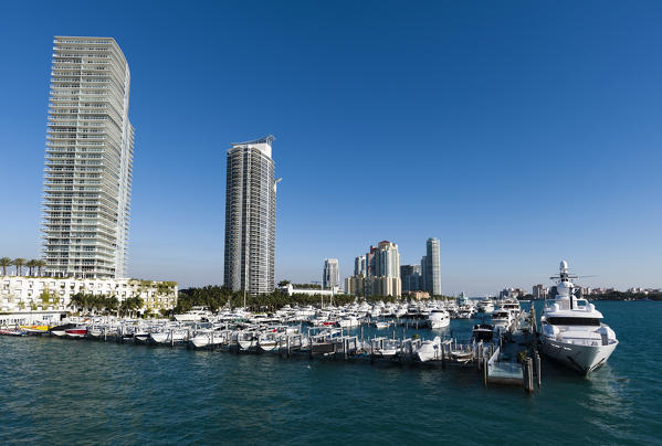 Skyscrapers and marina, South Beach, Miami Beach, Florida, USA.
