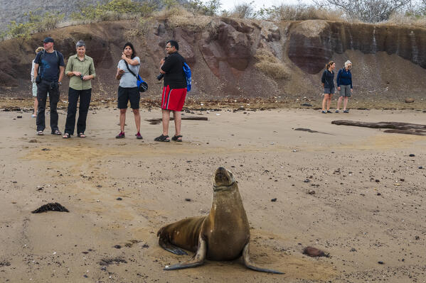 Tourist exploring Floreana Island, Galapagos islands, Ecuador.