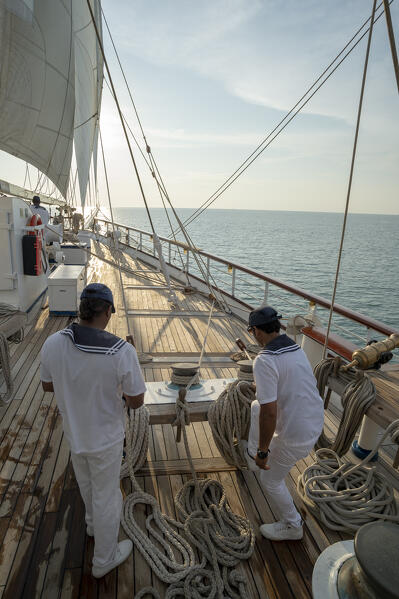 The Star Clipper sailing ship cruising in the Andaman sea, Langkawi, Malaysia.