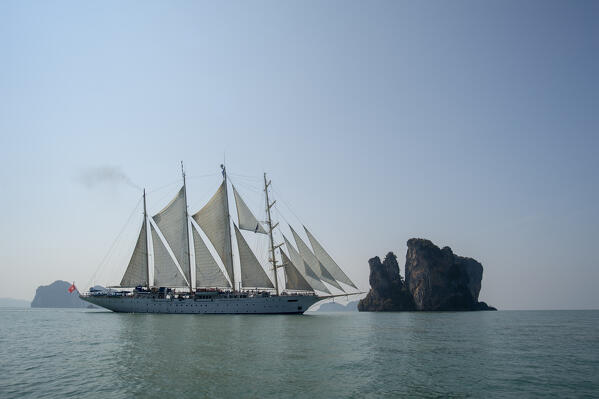 Star Clipper cruise ship sailing in Phang Nga bay, Thailand.