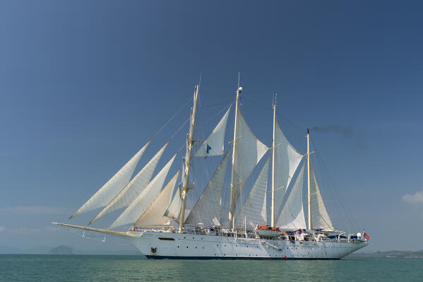 Star Clipper cruise ship sailing in Phang Nga bay, Thailand.