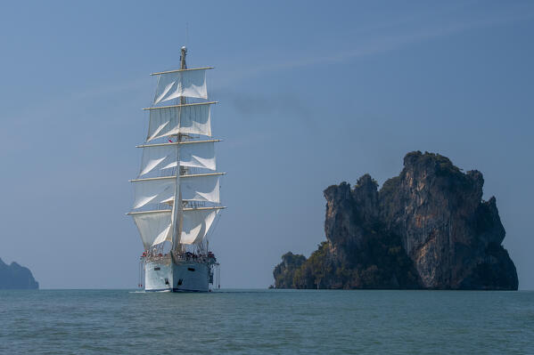 Star Clipper cruise ship sailing in Phang Nga bay, Thailand.
