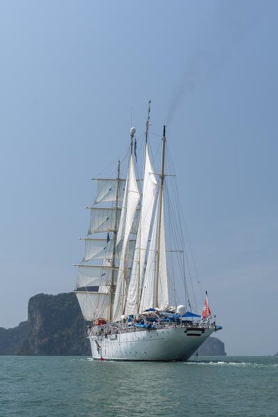 Star Clipper cruise ship sailing in Phang Nga bay, Thailand.