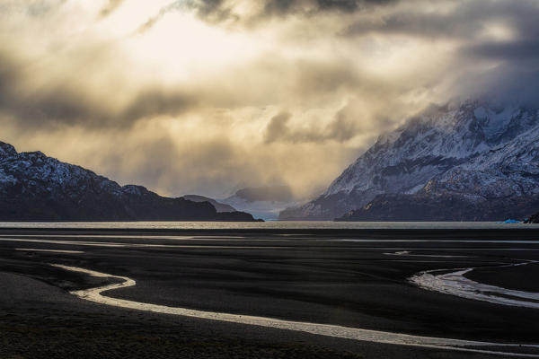 Southern America, Chile, Patagonia, Torres del Paine National Park: golden hour over the Grey Glacier and Lake