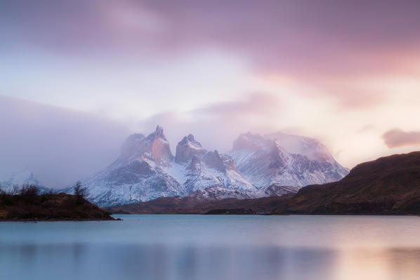 Southern America, Chile, Patagonia, Torres del Paine National Park: the Torres from Pehoe Lake at sunrise