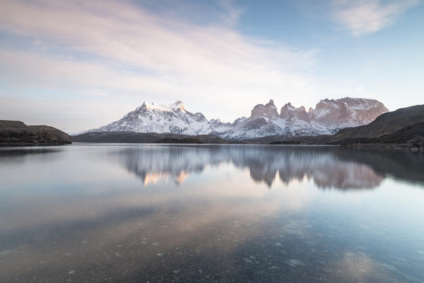 Southern America, Chile, Patagonia, Torres del Paine National Park: the Torres from Pehoe Lake in the morning