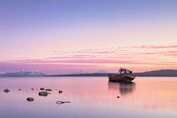 Southern America, Chile, Patagonia: sunset at Puerto Natales harbour