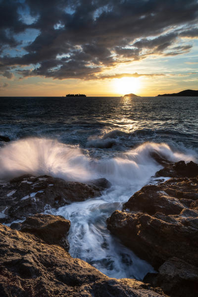 Sunset in the Gulf of Poets on the Tellaro cliff, municipality of Lerici, La Spezia province, Liguria district, Italy, Europe