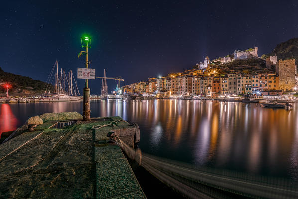 Night on the port of Portovenere, Unesco World Heritage Site, municipality of Porto Venere, La Spezia province, Liguria district, Italy, Europe