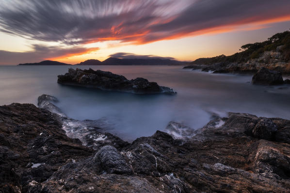 Long exposure and sunset in the Gulf of Poets on the Tellaro cliff, municipality of Lerici, La Spezia province, Liguria district, Italy, Europe