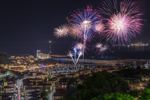 Fireworks on the town of Lerici, Castle of Lerici, municipality of Lerici, La Spezia province, Liguria district, Italy, Europe