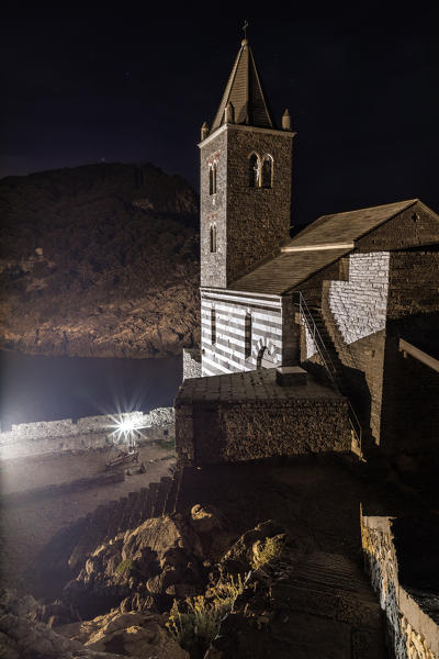 Night on the San Pietro Church, municipality of Portovenere, La Spezia province, Liguria, Italy, Europe