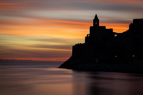 Long exposure at sunset in an unmistakable silhouette of the Church of San Pietro, municipality of Portovenere, La Spezia province, Liguria, Italy, Europe