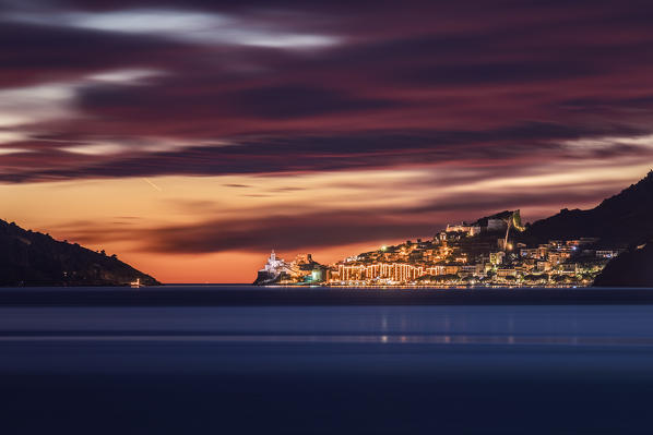 Night and long exposure on the town of Portovenere, municipality of Portovenere, La Spezia province, Liguria, Italy, Europe