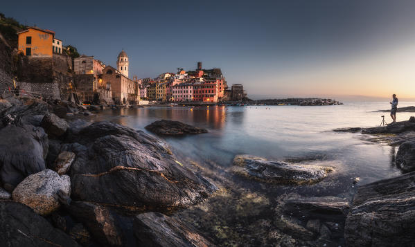 A panoramic view in the evening on Vernazza, National Park of Cinque Terre, municipality of Vernazza, La Spezia province, Liguria district, Italy, Europe