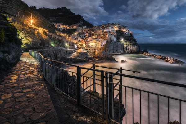 Night on the village of Manarola, Cinque Terre National Park, municipality of Riomaggiore, La Spezia province, Liguria district, Italy, Europe