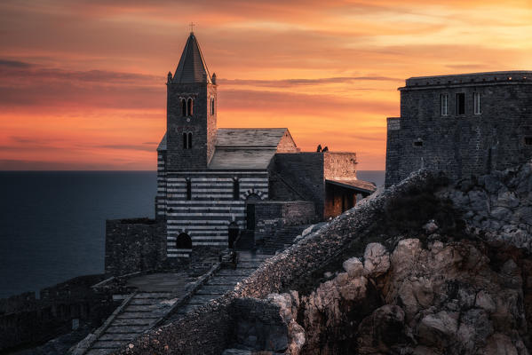 Long exposure and sunset on the San Pietro Church, municipality of Portovenere, La Spezia province, Liguria, Italy, Europe