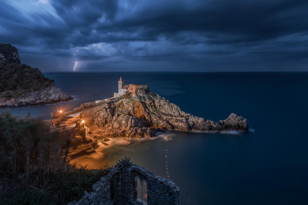 Night with lightning on the the Church of San Pietro, municipality of Portovenere, La Spezia province, Liguria, Italy, Europe