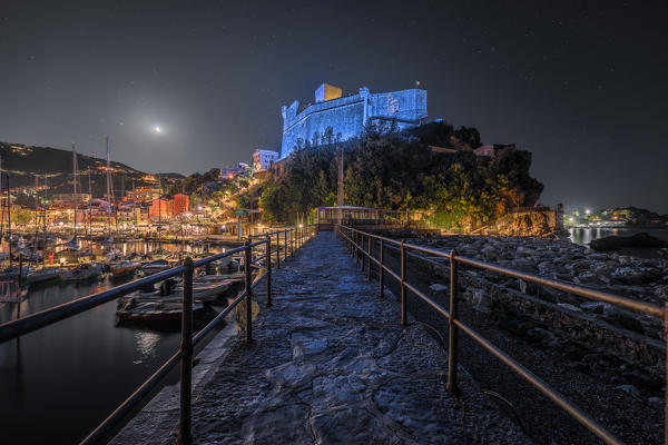 Night with the moon over the town of Lerici, Castle of Lerici, municipality of Lerici, La Spezia province, Liguria district, Italy, Europe