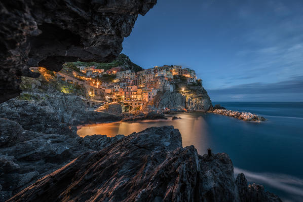 Night inside the cave on the village of Manarola, Cinque Terre National Park, municipality of Riomaggiore, La Spezia province, Liguria district, Italy, Europe