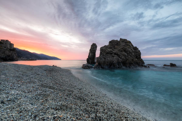 Sunrise on the beach of Monterosso al Mare, Cinque Terre National Park, municipality of Monterosso al Mare, La Spezia province, Liguria district, Italy, Europe
