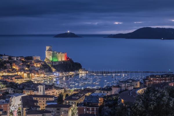 Overview at the blue hour on the town of Lerici, municipality of Lerici, La Spezia province, Liguria district, Italy, Europe