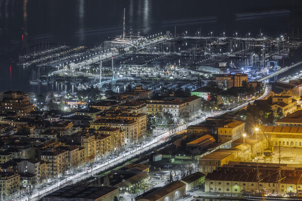 Urban night over the city of La Spezia, view of Porto Mirabello, Viale Amendola, Piazza Chiodo, La Spezia province, Liguria district, Italy, Europe
