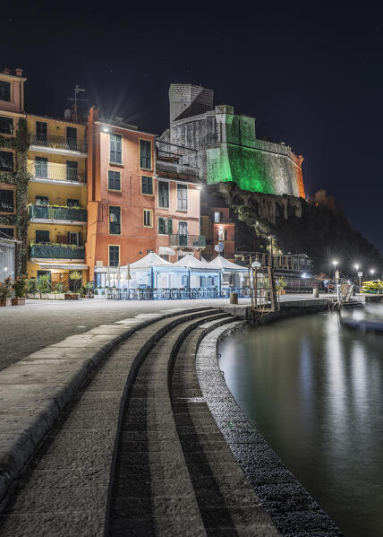 Night on the seafront of Lerici, castle of Lerici, municipality of Lerici, La Spezia province, Liguria district, Italy, Europe