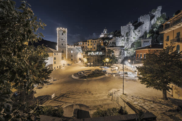 Night on the square of the village of Portovenere, Unesco World Heritage Site, municipality of Porto Venere, La Spezia province, Liguria district, Italy, Europe