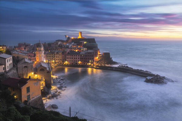 Long exposure after sunset over the village of Vernazza, Unesco World Heritage Site, National Park of Cinque Terre, municipality of Vernazza, La Spezia province, Liguria district, Italy, Europe