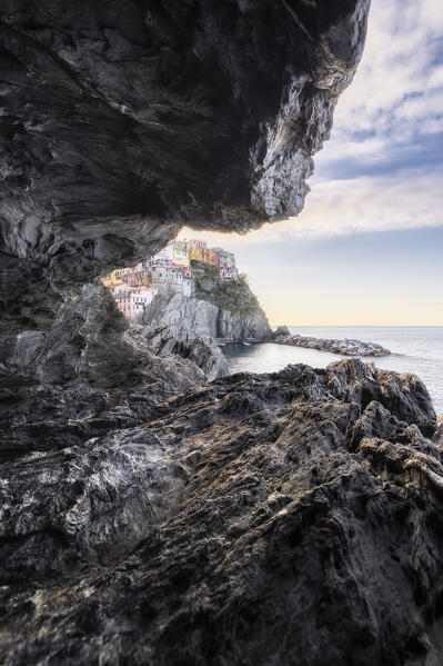 Framed among the rocks, Manarola, Cinque Terre National Park, municipality of Riomaggiore, La Spezia province, Liguria district, Italy, Europe
