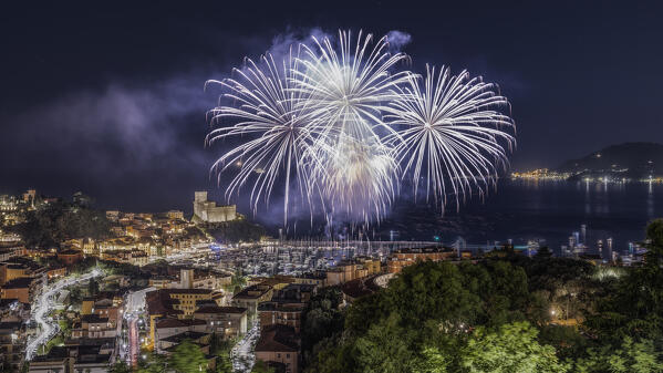 Fireworks on the town of Lerici, Castle of Lerici, municipality of Lerici, La Spezia province, Liguria district, Italy, Europe