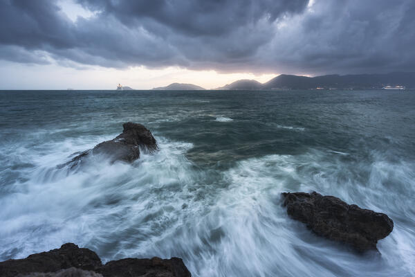 Storm coming over the gulf, municipality of Lerici, La Spezia province, Liguria district, Italy, Europe

