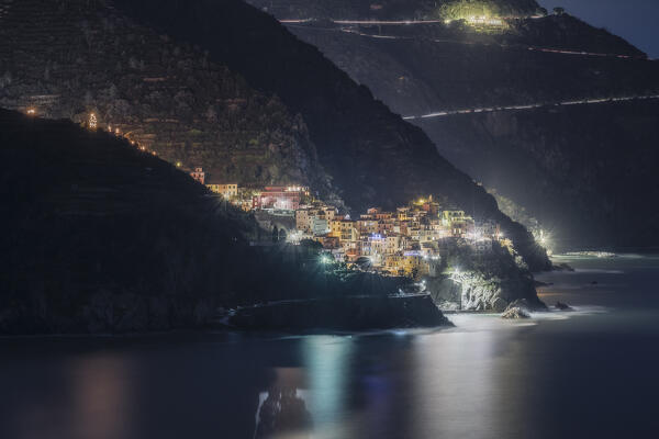Night on Manarola taken from the terrace of Corniglia, Cinque Terre National Park, municipality of Riomaggiore, La Spezia province, Liguria district, Italy, Europe